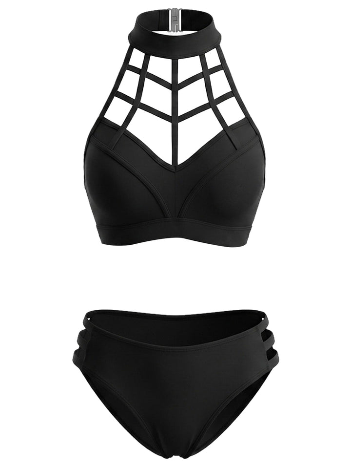 Black--Caged-Halter-Gothic-Cutout-Bikini-Set, vintage, retro, swimwear