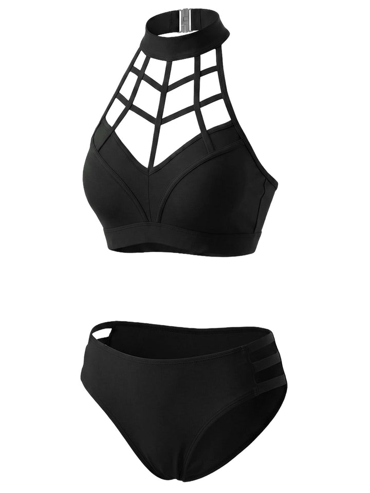 Black--Caged-Halter-Gothic-Cutout-Bikini-Set, vintage, retro, swimwear