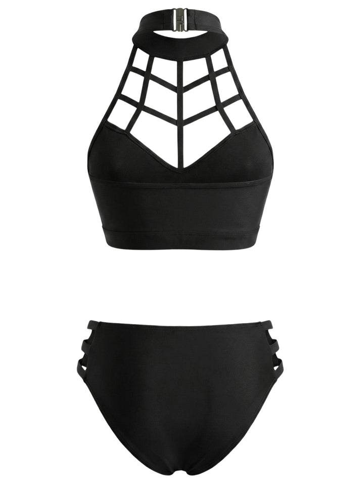 Black--Caged-Halter-Gothic-Cutout-Bikini-Set, vintage, retro, swimwear