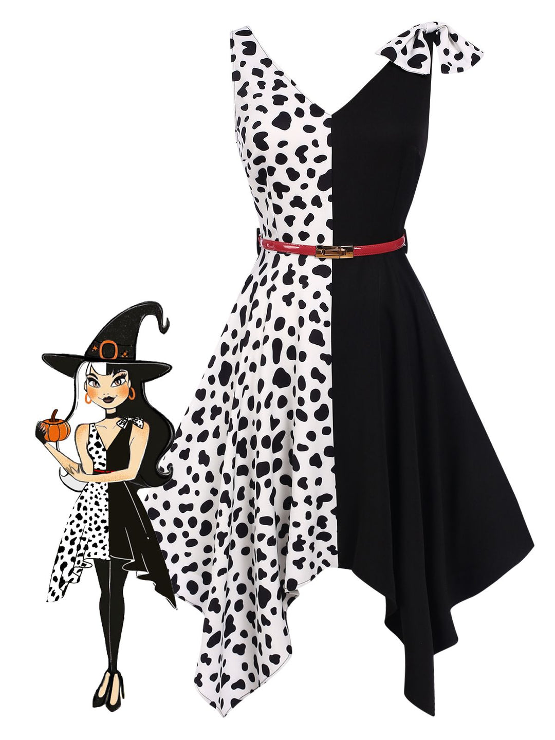 She slips into this Black 1970s Cow Spots Patchwork Dress and suddenly it&