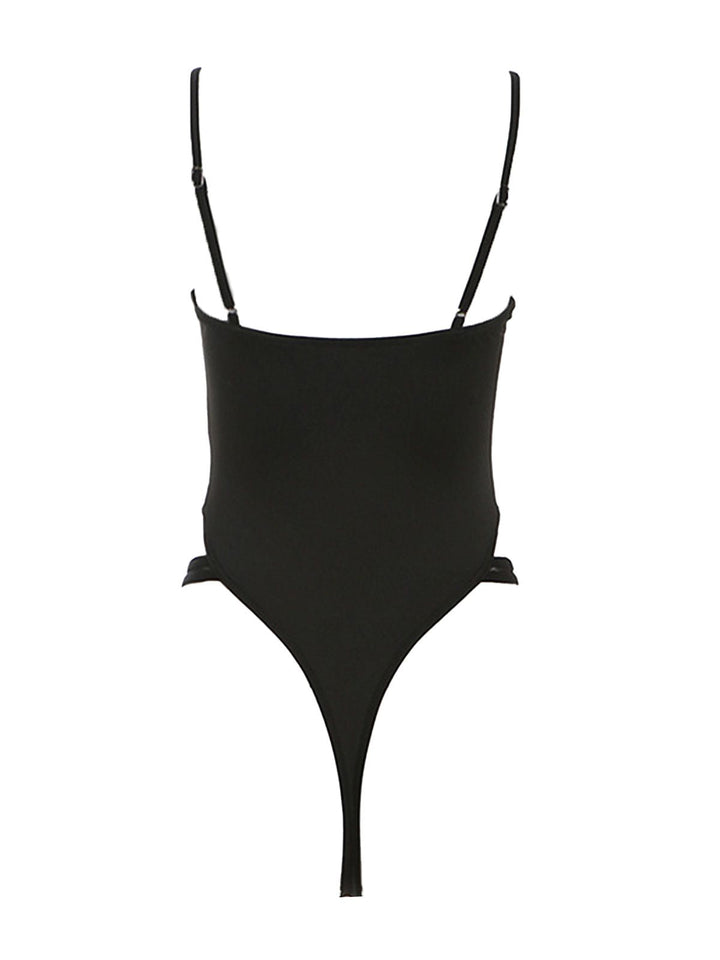 Black 1970s Cutout Bodycon Strap Bodysuit - vintage fashion, retro style, classic black