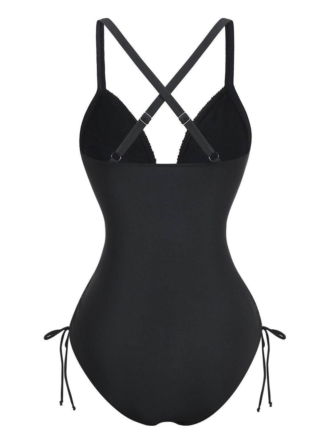 Black 1970s Deep V-Neck Tassels One-Piece Swimsuit - vintage swimsuit, pin-up style, classic black