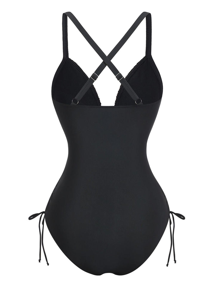 Black 1970s Deep V-Neck Tassels One-Piece Swimsuit - vintage swimsuit, pin-up style, classic black