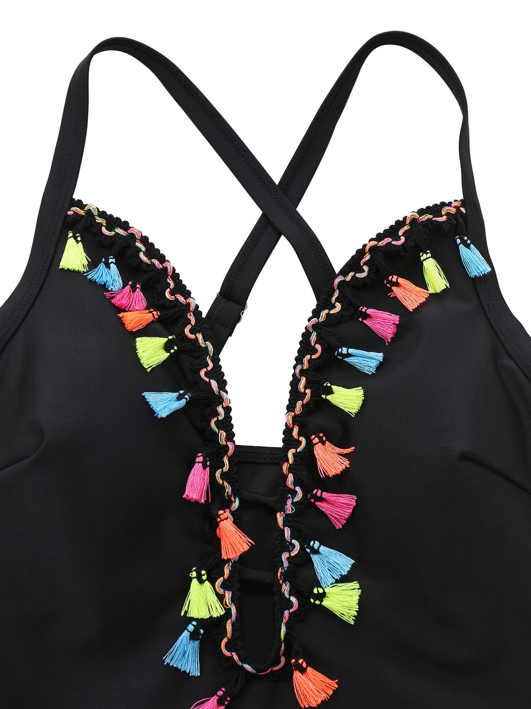 Black 1970s Deep V-Neck Tassels One-Piece Swimsuit - vintage swimsuit, pin-up style, classic black
