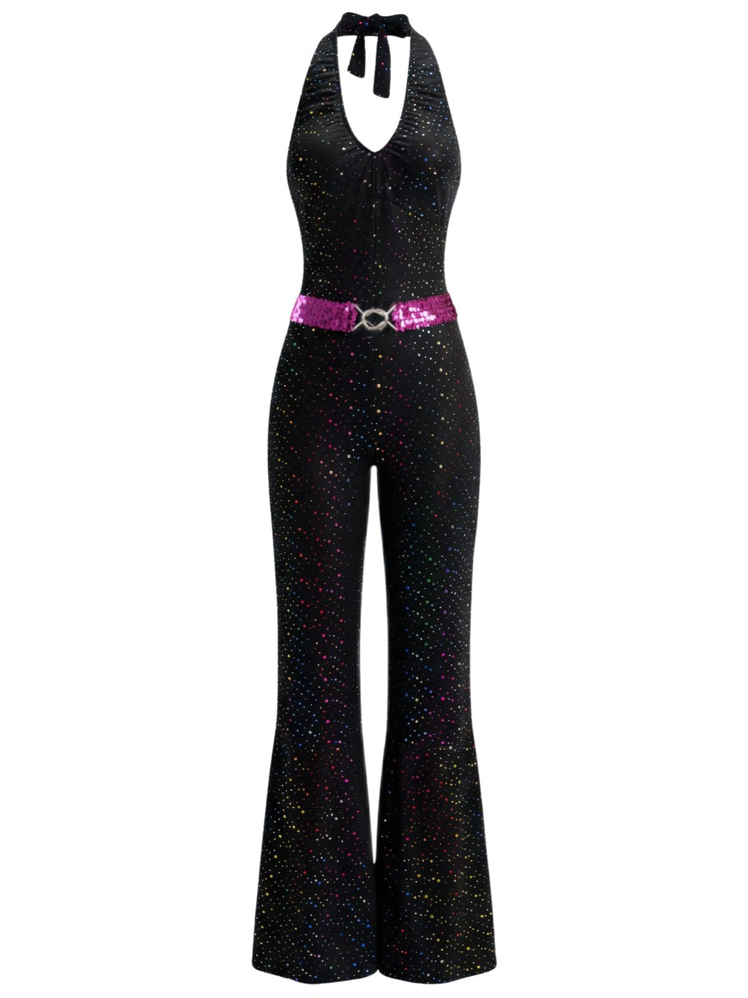 Black 1970s Disco Sequined Halter Flared Jumpsuit - vintage jumpsuit, retro fashion, classic black