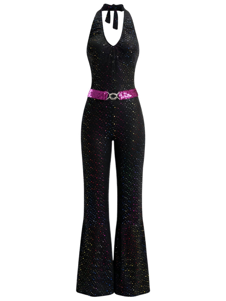 Black 1970s Disco Sequined Halter Flared Jumpsuit - vintage jumpsuit, retro fashion, classic black