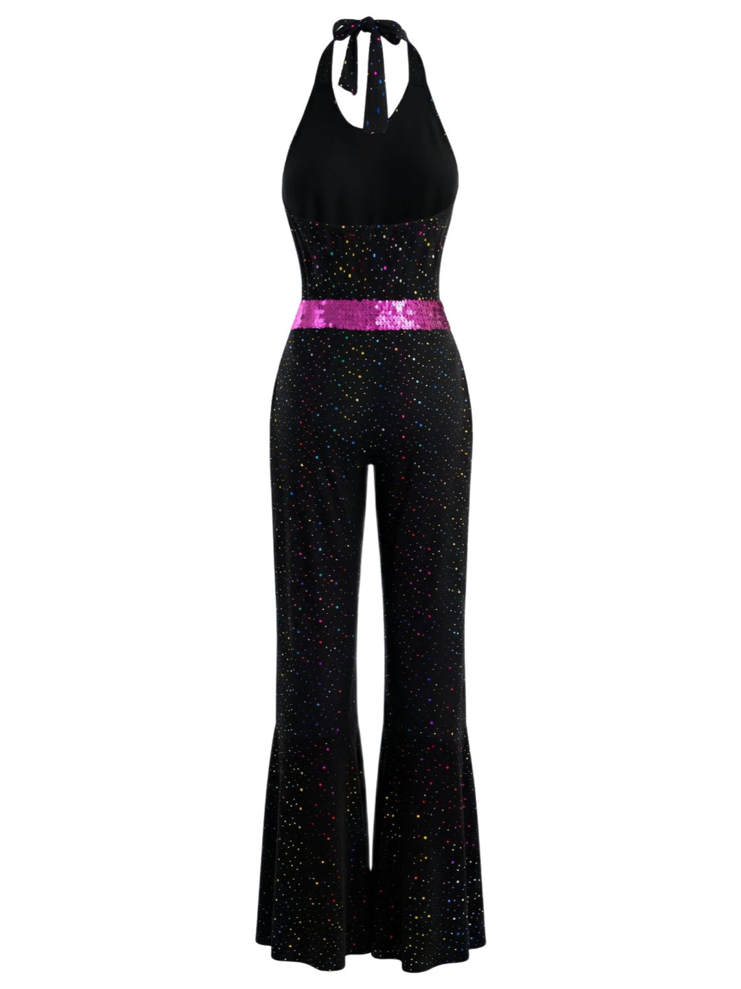 Black 1970s Disco Sequined Halter Flared Jumpsuit - vintage jumpsuit, retro fashion, classic black