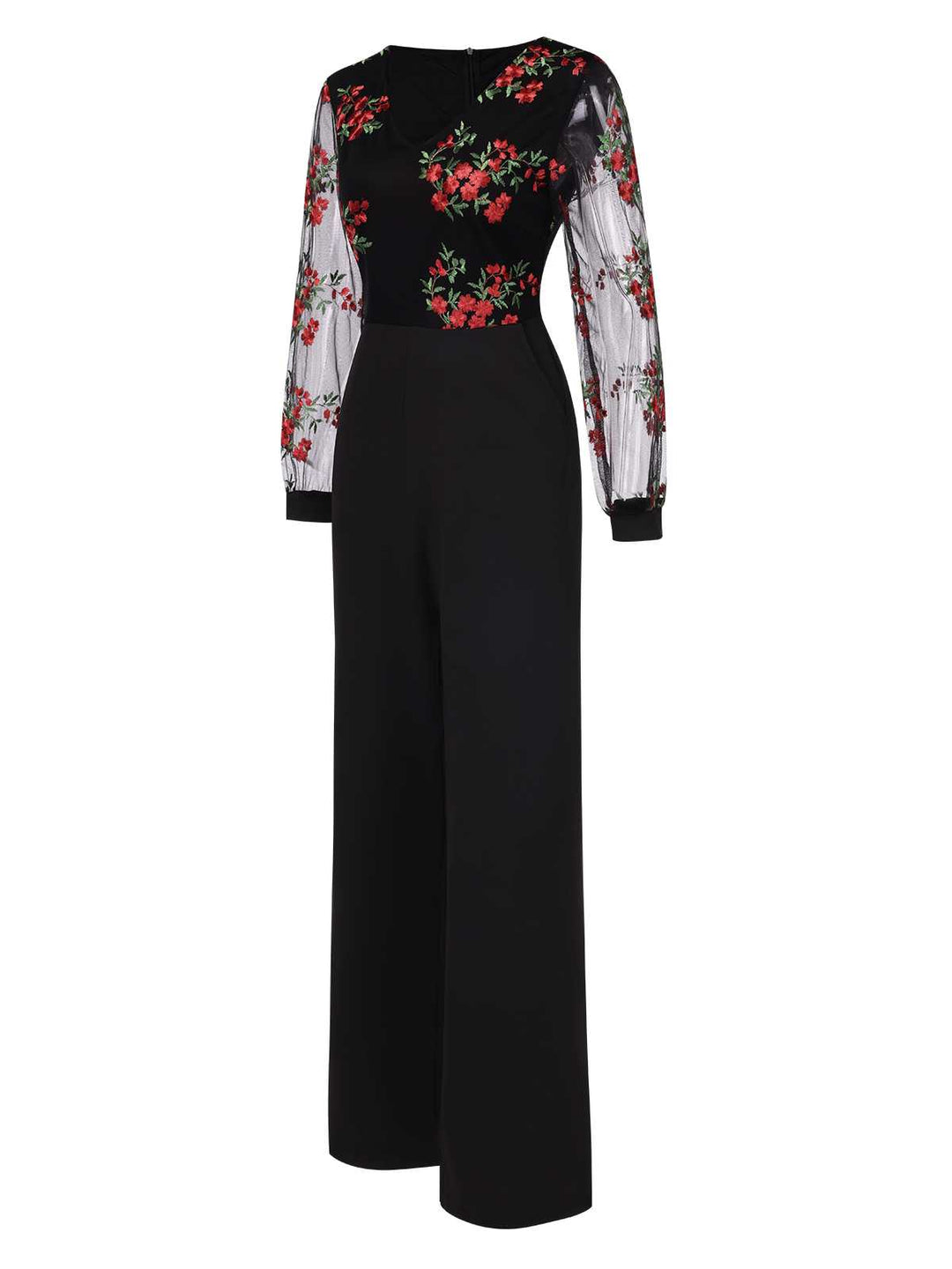 This Black 1970s Embroidered Floral Jumpsuit whispers 1970s secrets to those who notice