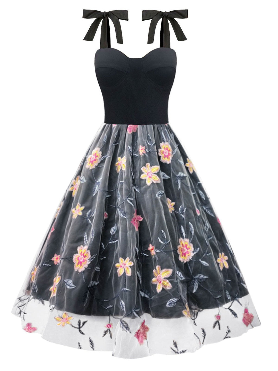 She slips into this Black 1970s Embroidered Floral Patchwork Mesh Dress and suddenly it&