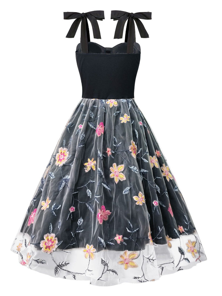 Black 1970s Embroidered Floral Patchwork Mesh Dress, vintage dress, retro fashion, floral print - perfect for women who love vintage and retro fashion