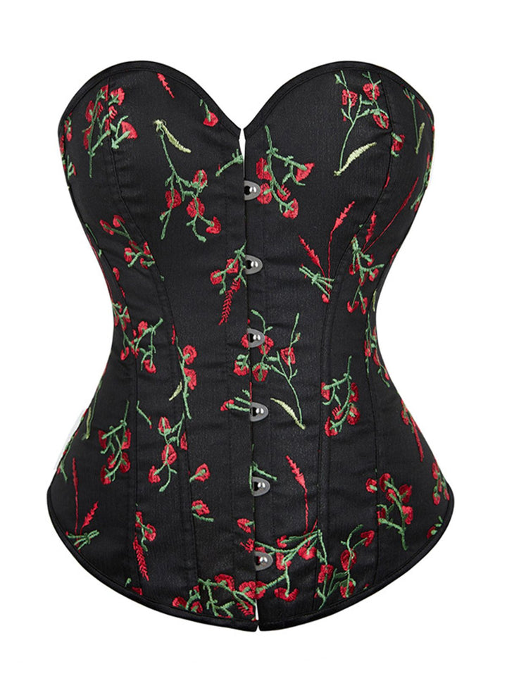 Black 1970s Floral Embroidered Corset Top - vintage fashion, retro style, classic black