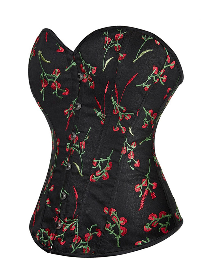 Black 1970s Floral Embroidered Corset Top - vintage fashion, retro style, classic black
