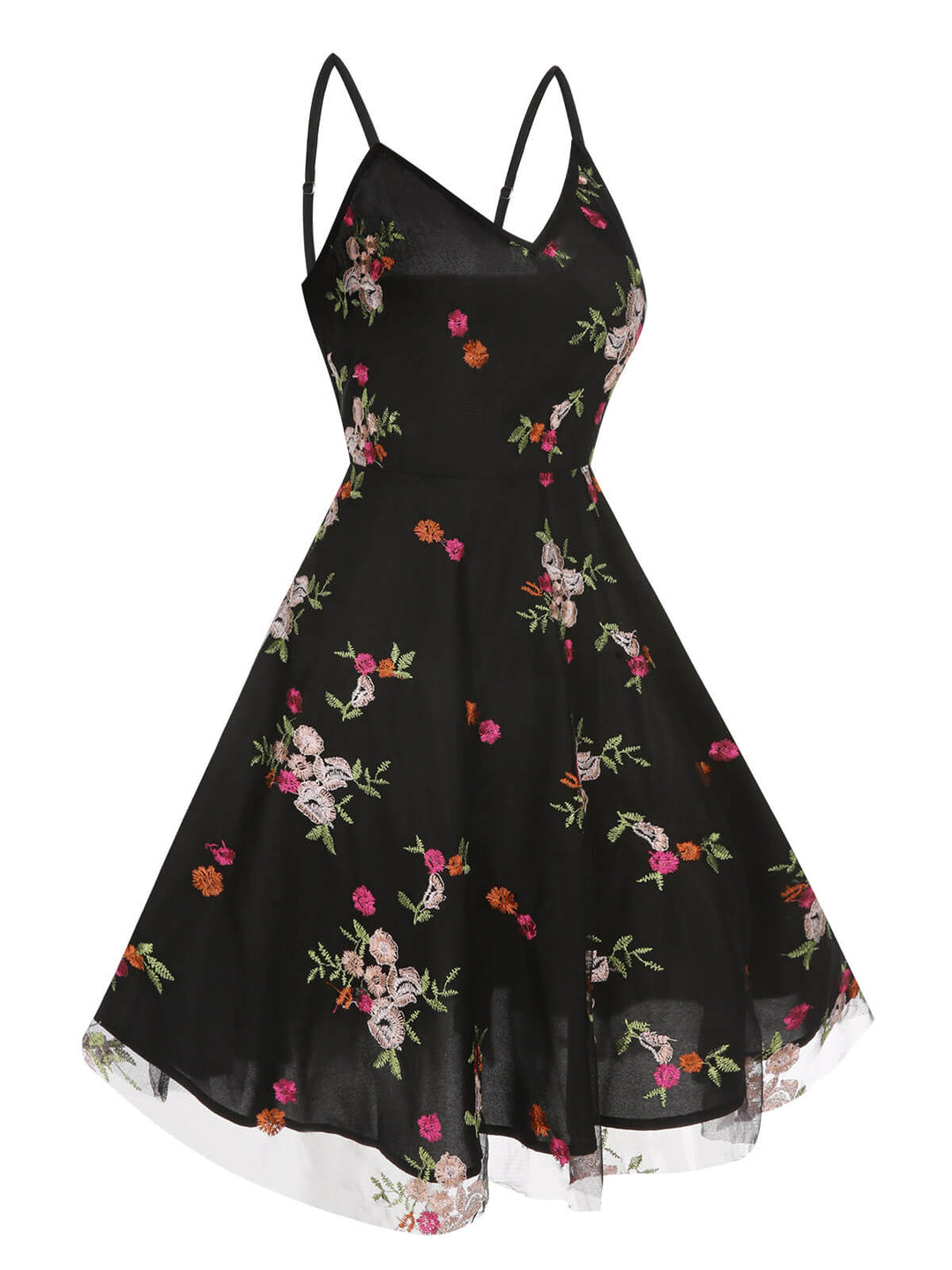 Black 1970s Floral Embroidered Mesh Strap Dress, vintage dress, retro fashion, floral print - perfect for women who love vintage and retro fashion