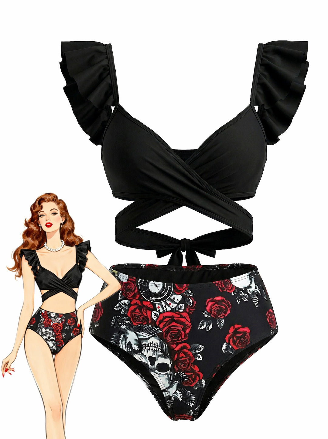 Black 1970s Gothic Ruffle Tankini Set - vintage fashion, retro style, classic black