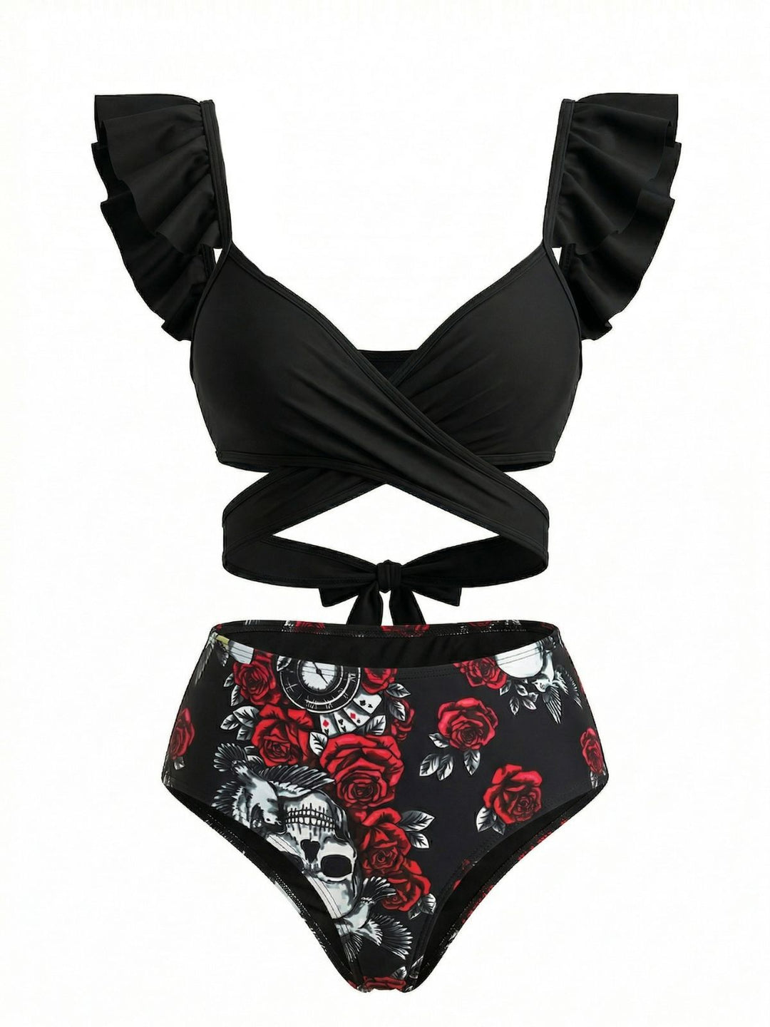 Black 1970s Gothic Ruffle Tankini Set - vintage fashion, retro style, classic black