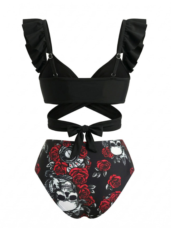 Black 1970s Gothic Ruffle Tankini Set - vintage fashion, retro style, classic black