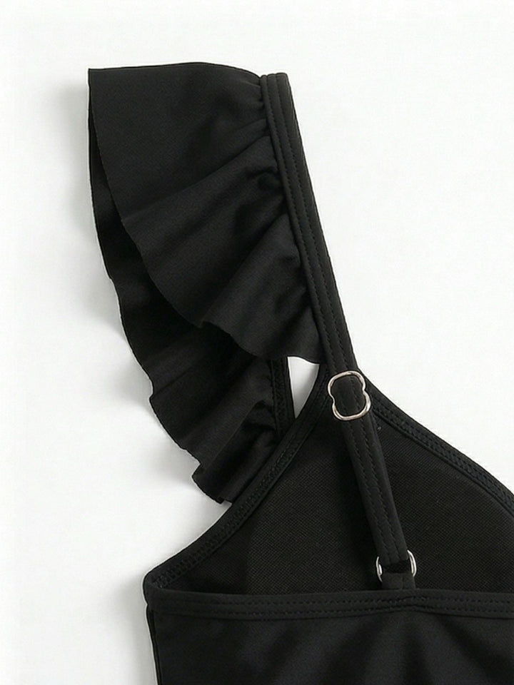 Black 1970s Gothic Ruffle Tankini Set - vintage fashion, retro style, classic black