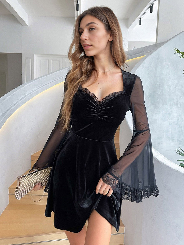 She slips into this Black 1970s Halloween Lace Bat Sleeves Dress and suddenly it&