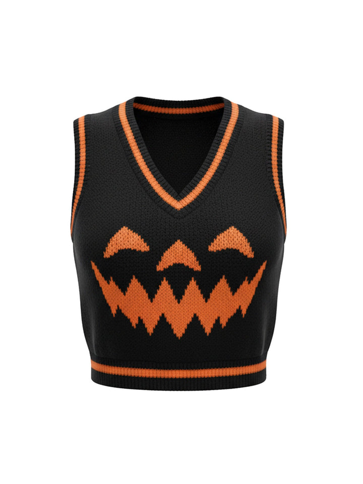 Black 1970s Halloween Pumpkin Face Sweater Vest - vintage fashion, retro style, classic black