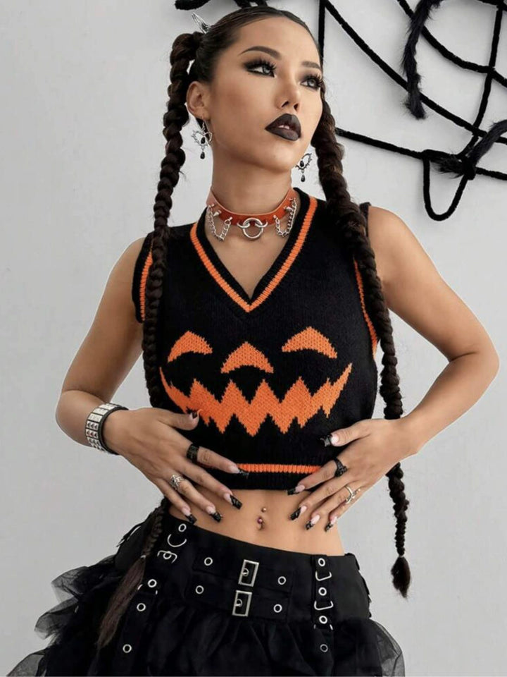 Black 1970s Halloween Pumpkin Face Sweater Vest, vintage fashion, retro style - perfect for women who love vintage and retro fashion
