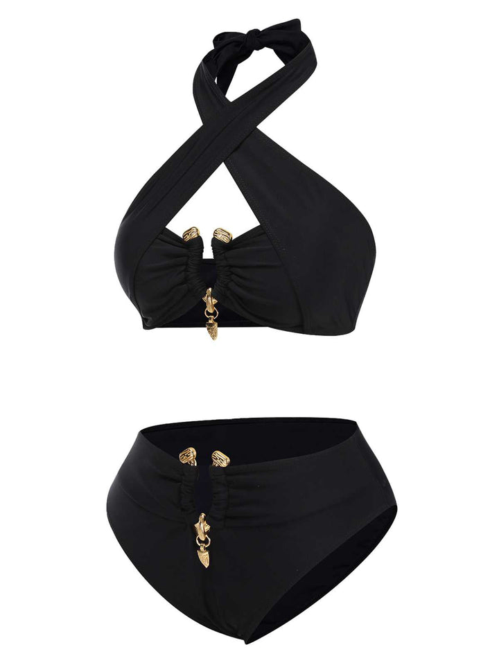 Black 1970s Halter Cross-Neck High-Waist Swimsuit: 1970s Riviera elegance, reimagined for her