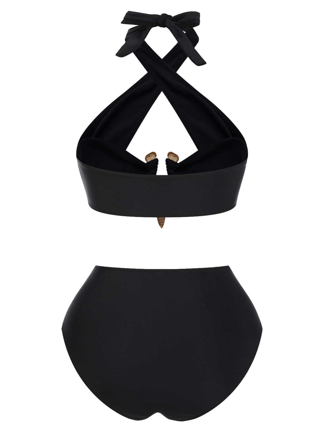 This Black 1970s Halter Cross-Neck High-Waist Swimsuit carries 1970s vacation dreams in every stitch