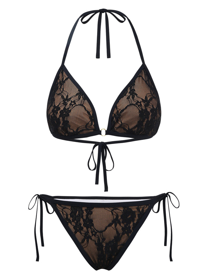 Black 1970s Halter Floral Lace Bikini Set: beautiful vintage swimwear, retro swimsuit, pin-up style with timeless appeal