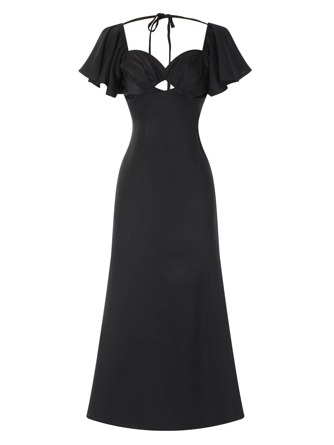 She slips into this Black 1970s Hollow Sweetheart Neck Dress and suddenly it&