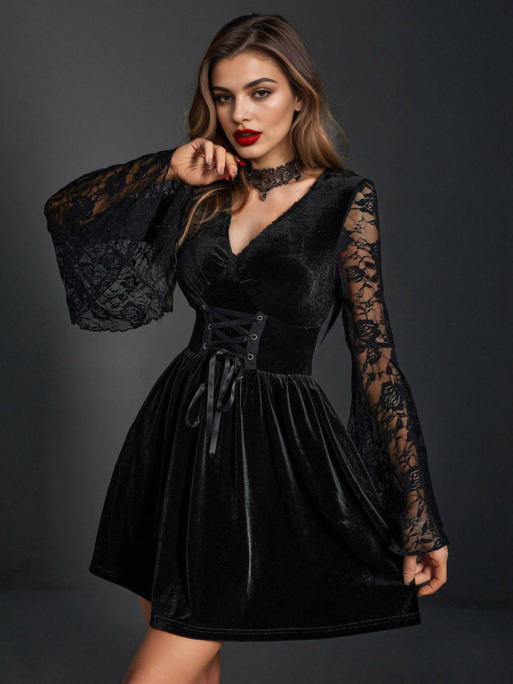 She slips into this Black 1970s Lace Bat Sleeves Velvet Dress and suddenly it&