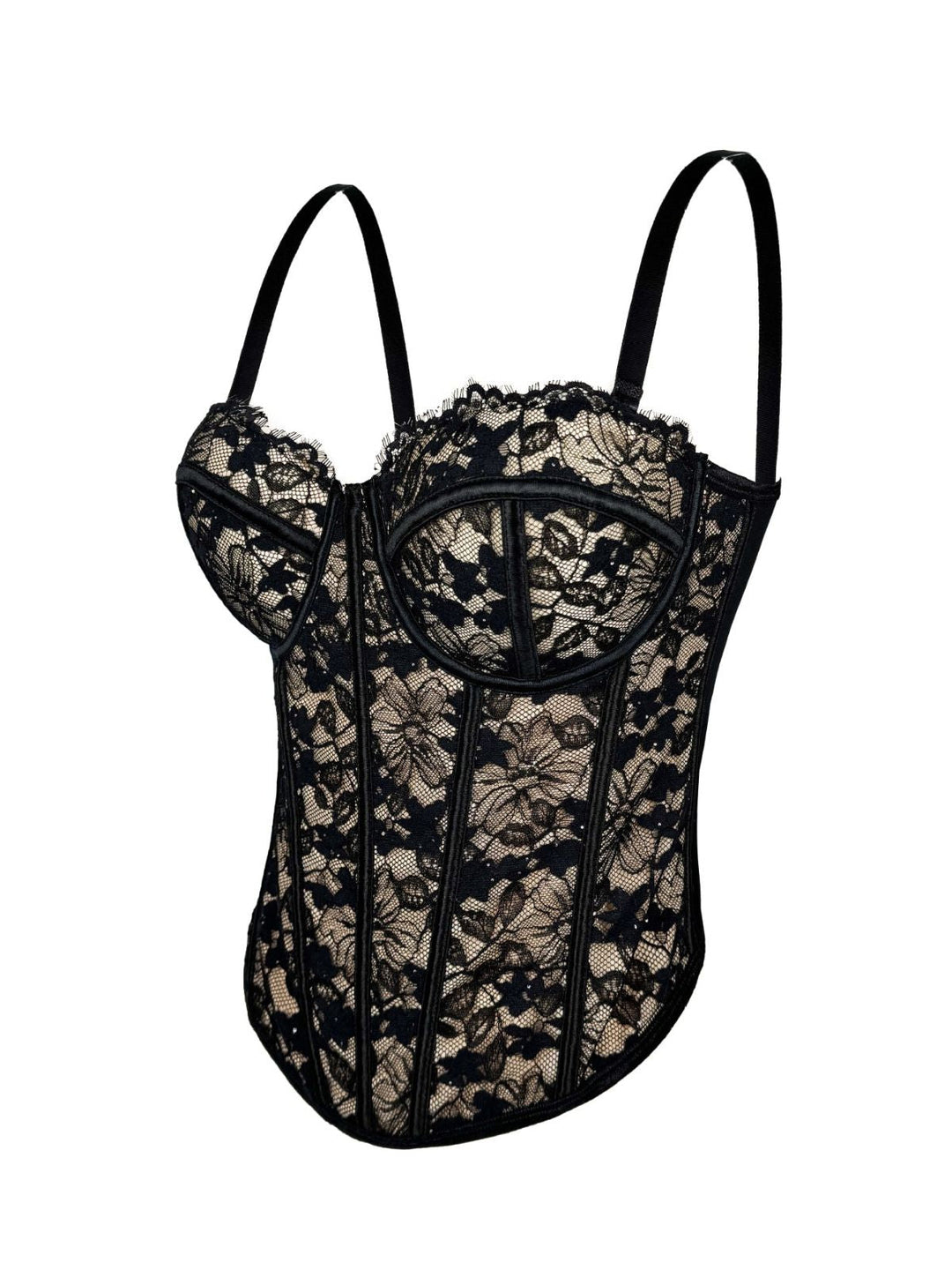 Black 1970s Lace Floral Herringbone Corset - vintage fashion, retro style, classic black