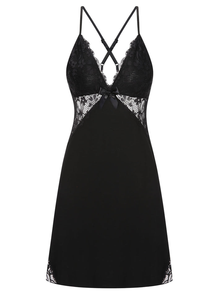 Black 1970s Lace Patchwork Spaghetti Straps Nightgown, vintage fashion, retro style - perfect for women who love vintage and retro fashion