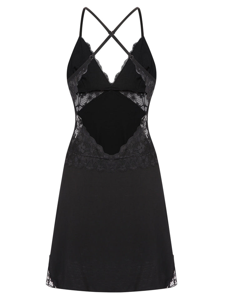 Black 1970s Lace Patchwork Spaghetti Straps Nightgown, vintage fashion, retro style - perfect for women who love vintage and retro fashion