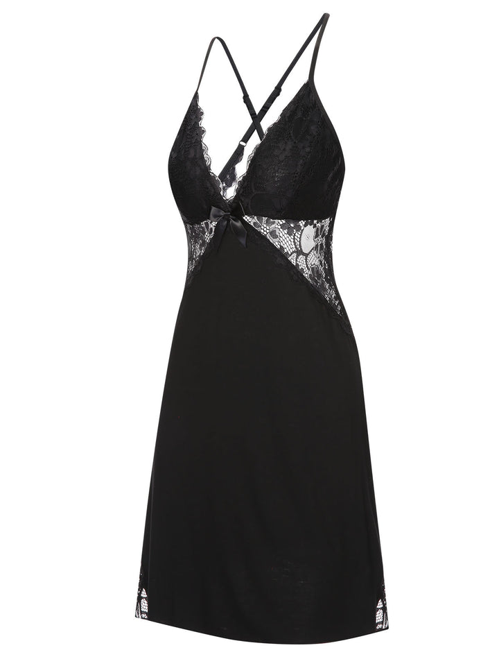 Black Lace Patchwork Spaghetti Straps Nightgown, vintage fashion, retro style - perfect for women who love vintage and retro fashion