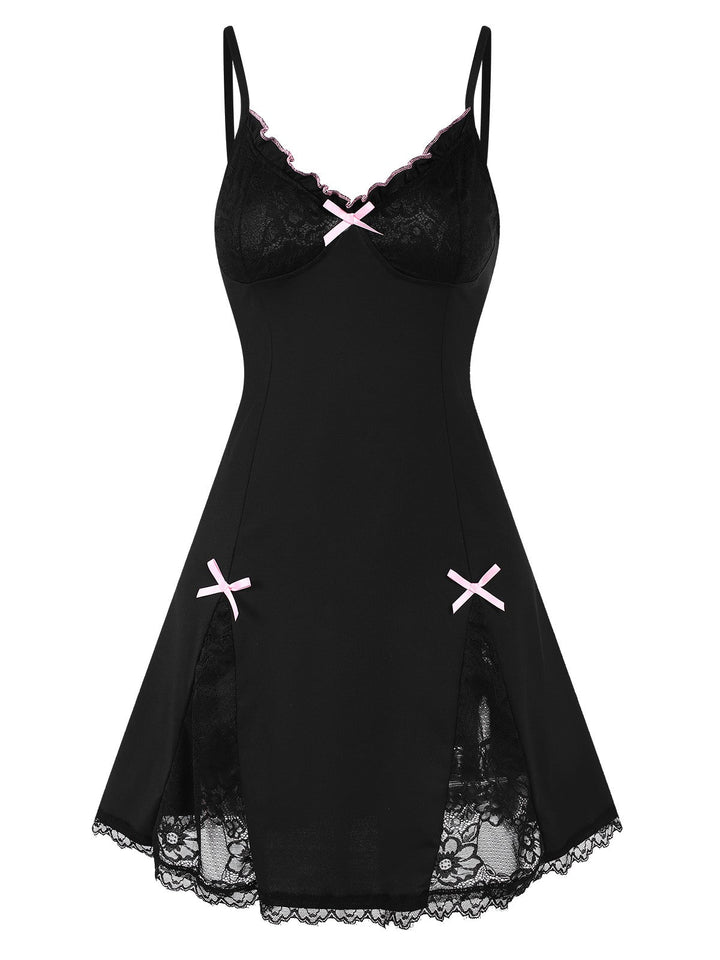 She slips into this Black Lace Patchwork Straps Nightgown and suddenly it&