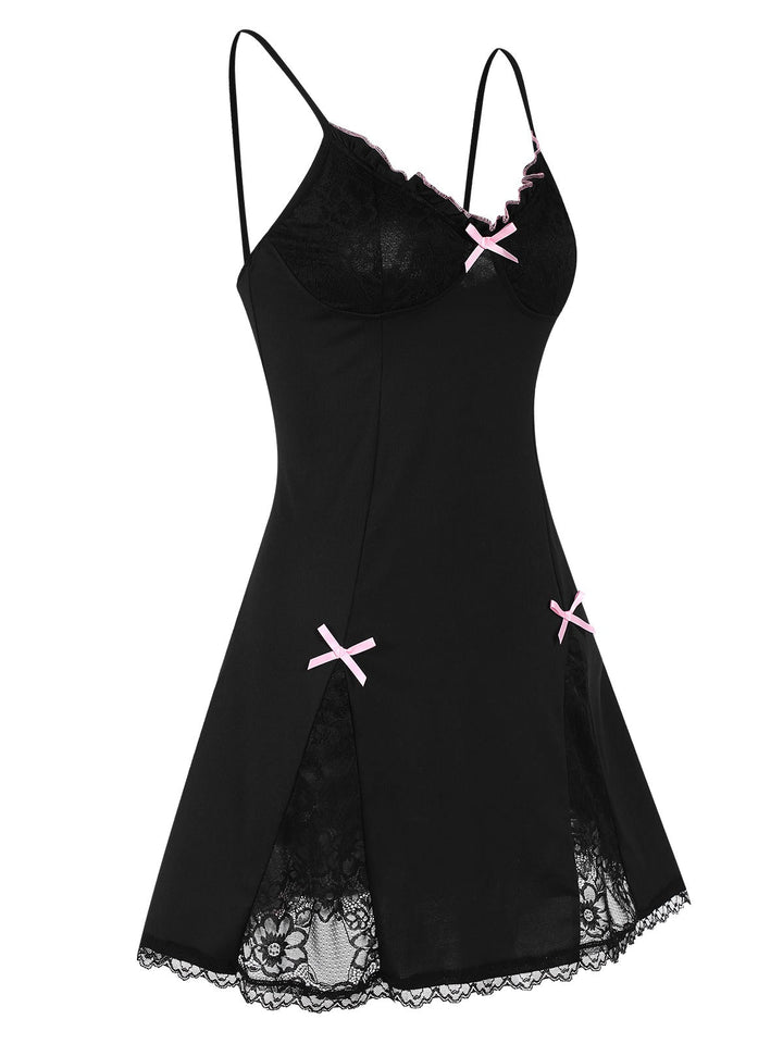 Black Lace Patchwork Straps Nightgown, vintage fashion, retro style - perfect for women who love vintage and retro fashion