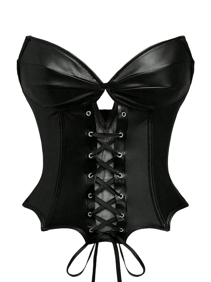 Black 1970s Leather Gothic Bat Wing Corset - vintage fashion, retro style, classic black