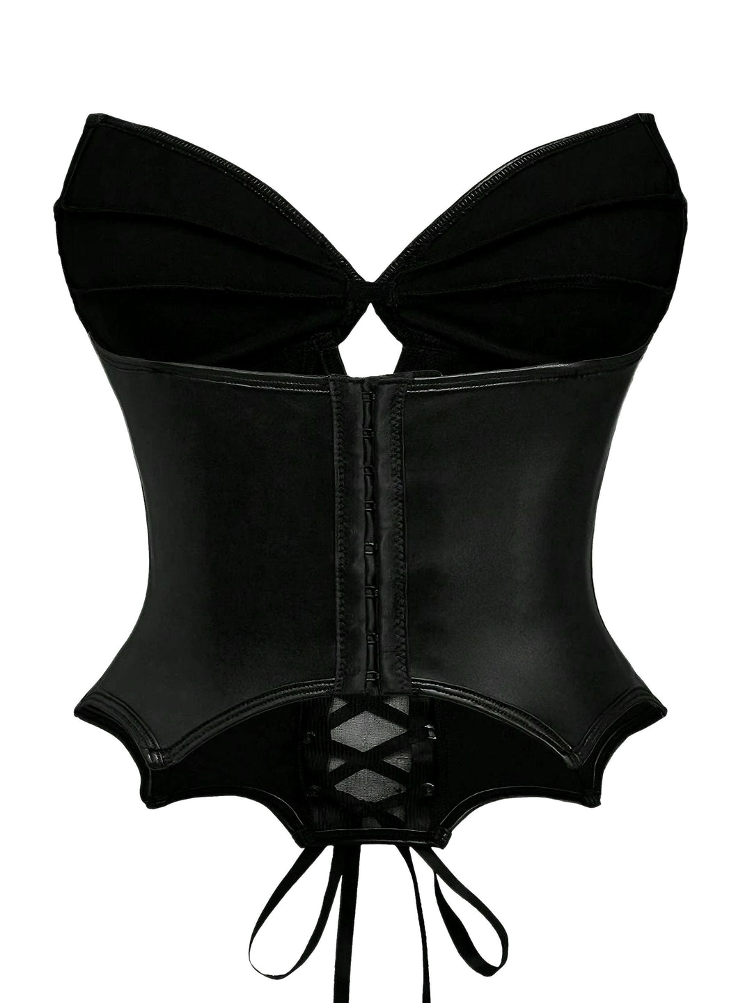 Black 1970s Leather Gothic Bat Wing Corset - vintage fashion, retro style, classic black