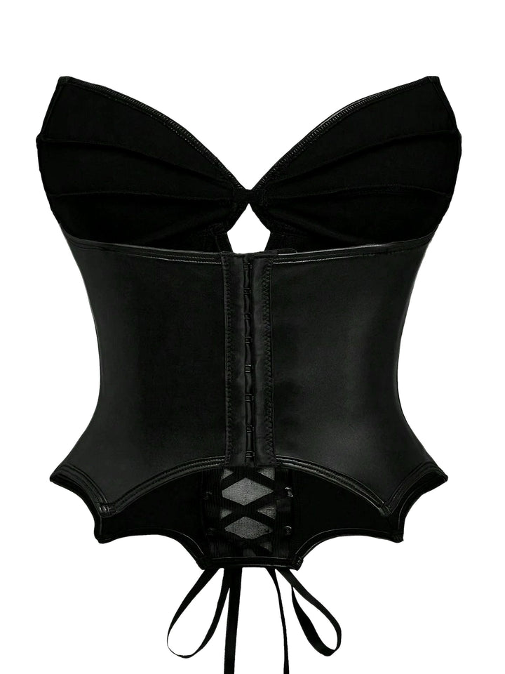 Black 1970s Leather Gothic Bat Wing Corset - vintage fashion, retro style, classic black