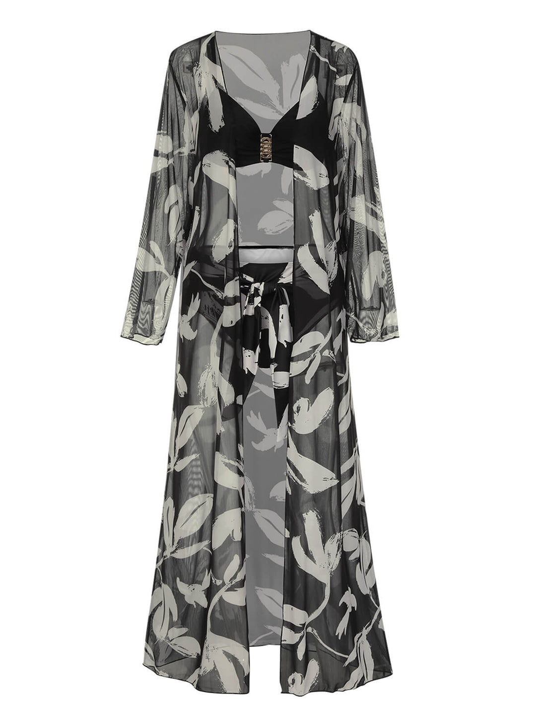 Black 1970s Leaves Strap Bikini &amp; Long Cover-Up, vintage swimsuit, pin-up swimwear - perfect for women who love vintage and retro fashion