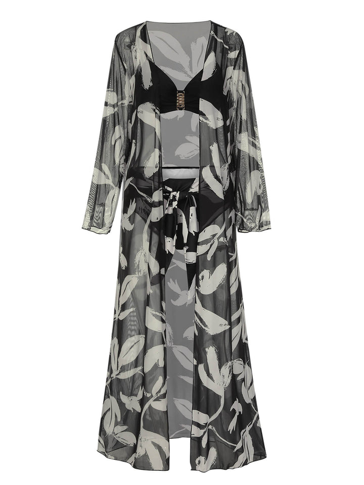 Black 1970s Leaves Strap Bikini &amp; Long Cover-Up, vintage swimsuit, pin-up swimwear - perfect for women who love vintage and retro fashion