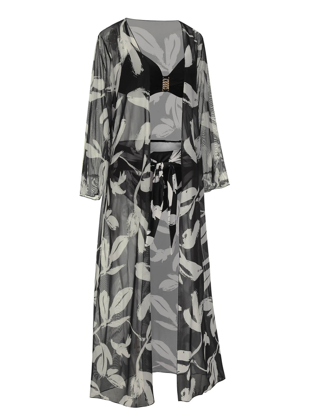 Black 1970s Leaves Strap Bikini &amp; Long Cover-Up, vintage swimsuit, pin-up swimwear - perfect for women who love vintage and retro fashion