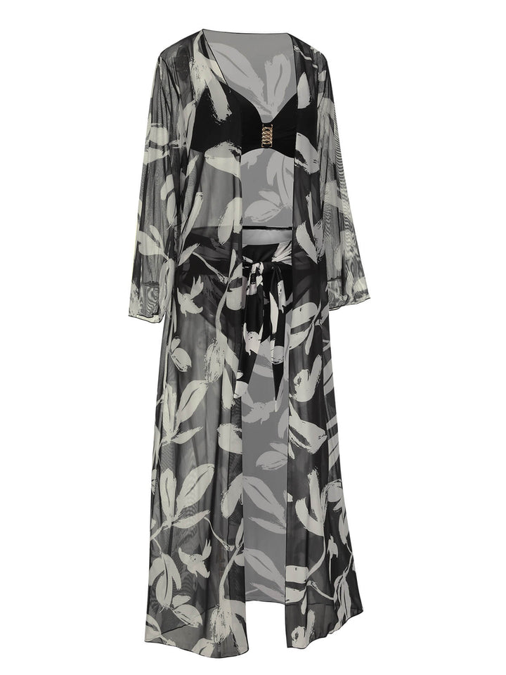 Black 1970s Leaves Strap Bikini &amp; Long Cover-Up, vintage swimsuit, pin-up swimwear - perfect for women who love vintage and retro fashion
