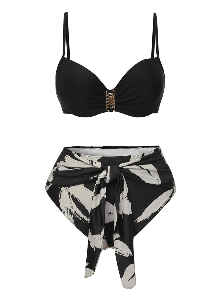 Black 1970s Leaves Strap Bikini &amp; Long Cover-Up, vintage swimsuit, pin-up swimwear - perfect for women who love vintage and retro fashion