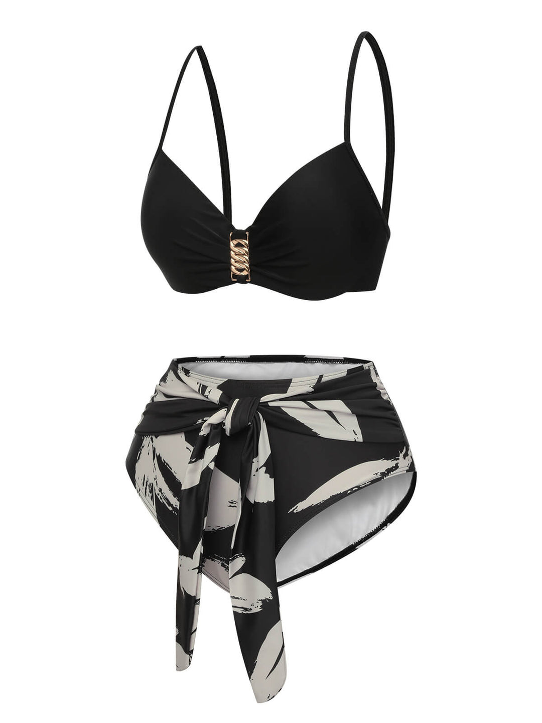 Black 1970s Leaves Strap Bikini &amp; Long Cover-Up, vintage swimsuit, pin-up swimwear - perfect for women who love vintage and retro fashion