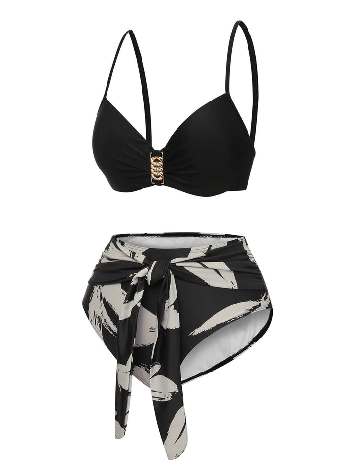 Black 1970s Leaves Strap Bikini &amp; Long Cover-Up, vintage swimsuit, pin-up swimwear - perfect for women who love vintage and retro fashion