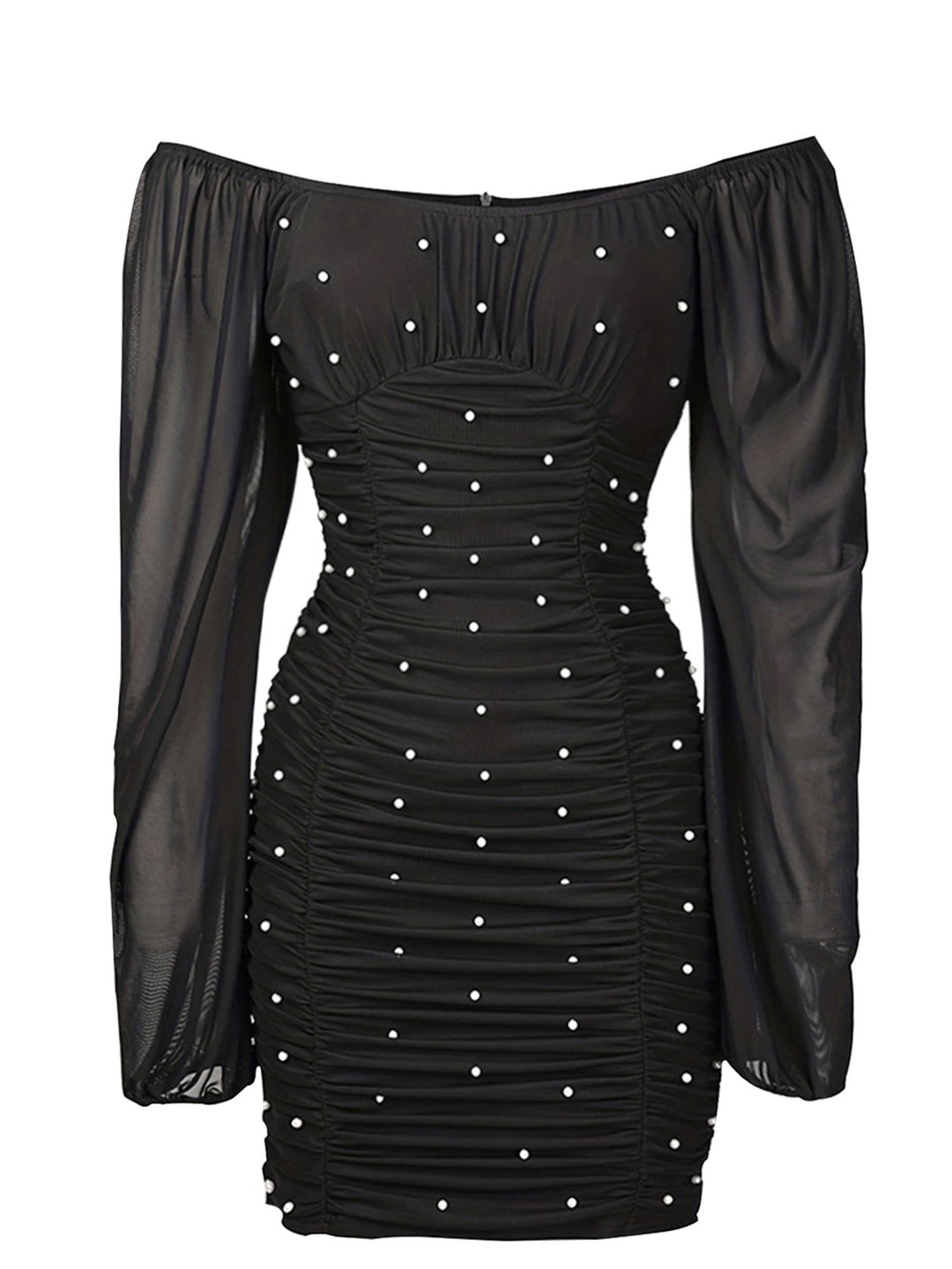 She slips into this Black 1970s Mesh Off Shoulder Pearl Wrinkle Dress and suddenly it&