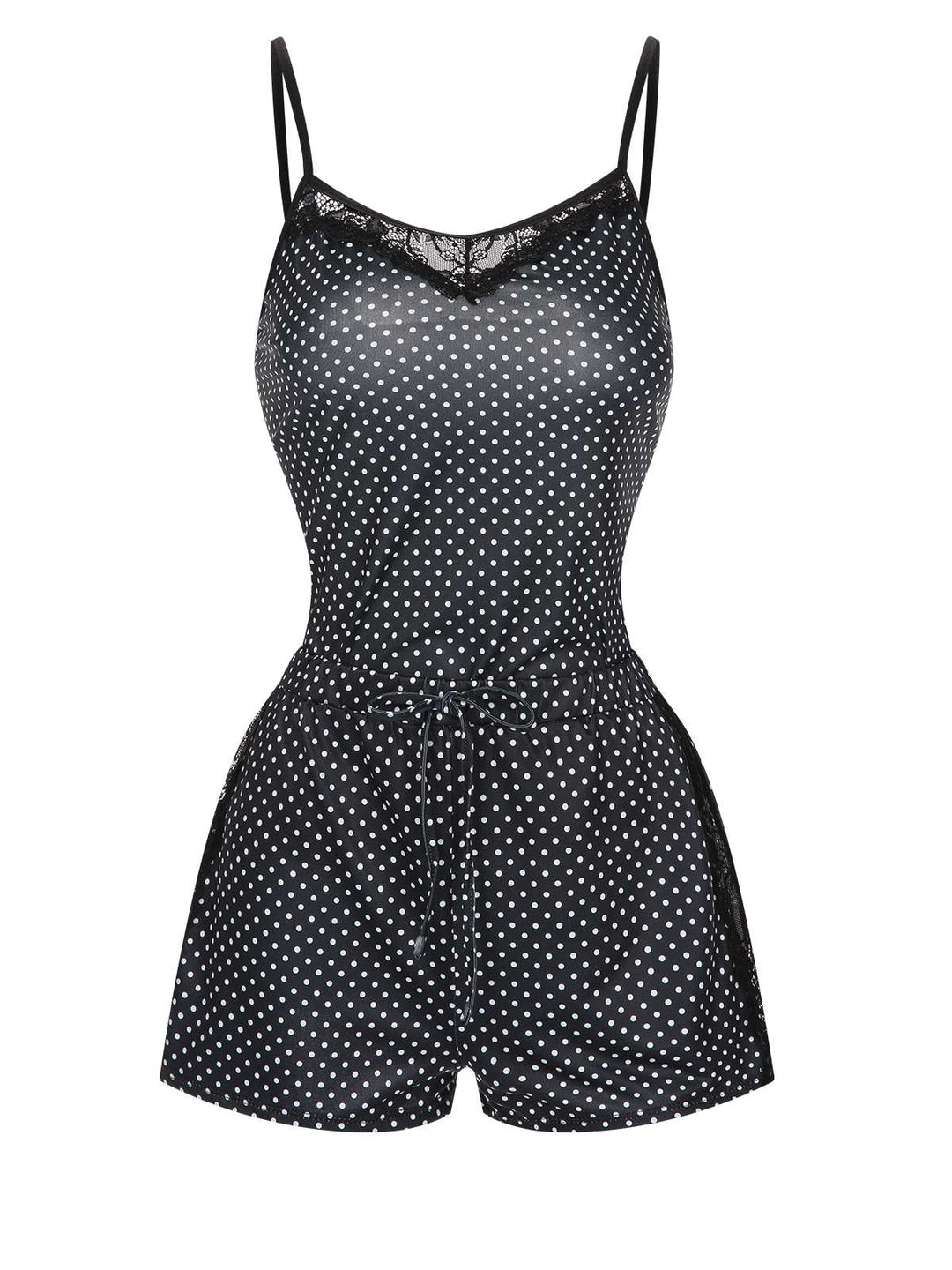 Black Polka Dots Lace Patchwork Pajamas, vintage pajamas, retro nightwear - perfect for women who love vintage and retro fashion