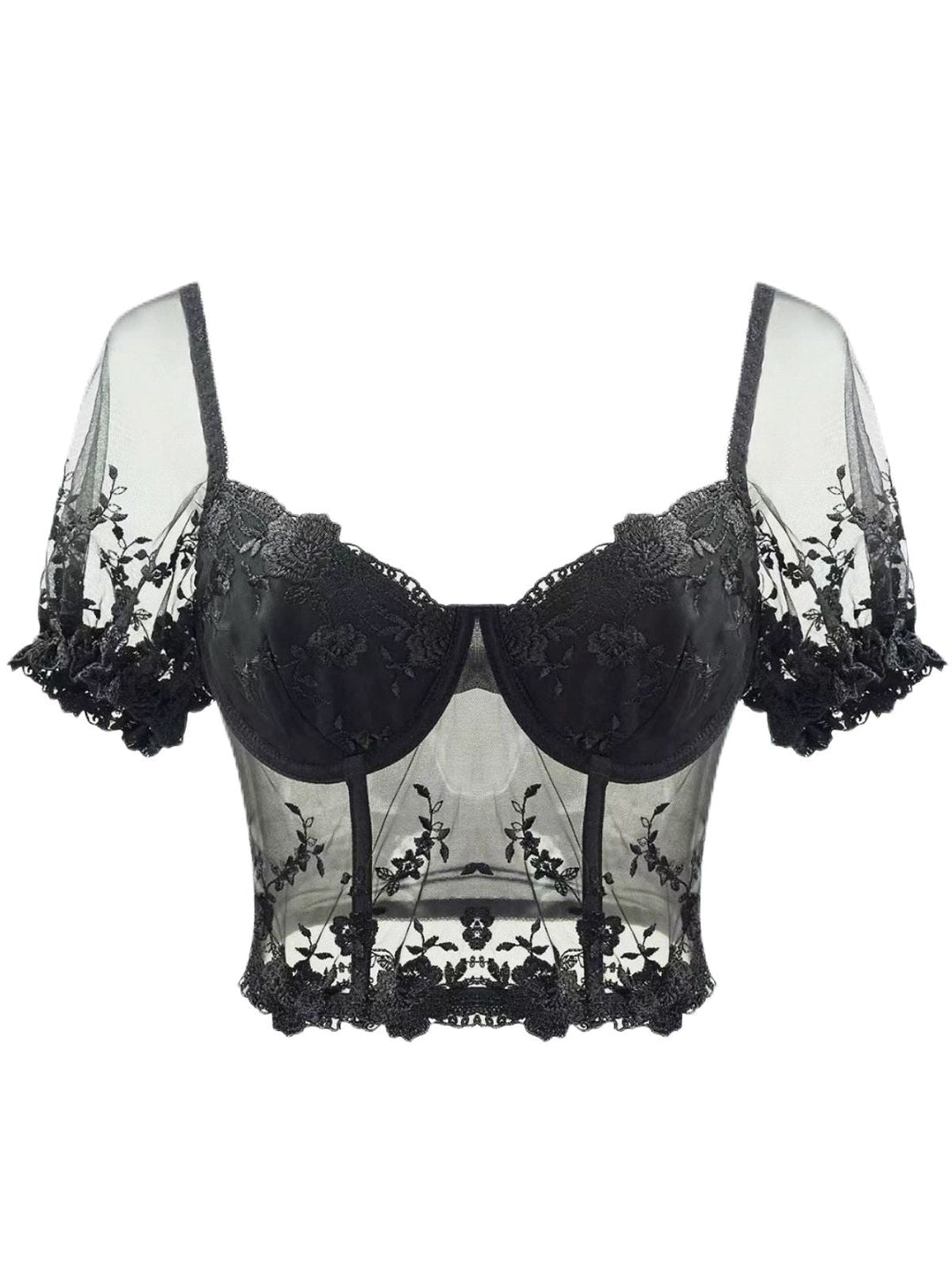 Black 1970s Puff Sleeve Lace Corset Top - vintage fashion, retro style, classic black