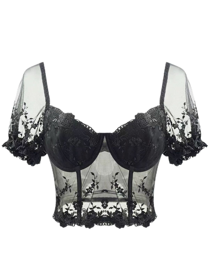Black 1970s Puff Sleeve Lace Corset Top - vintage fashion, retro style, classic black