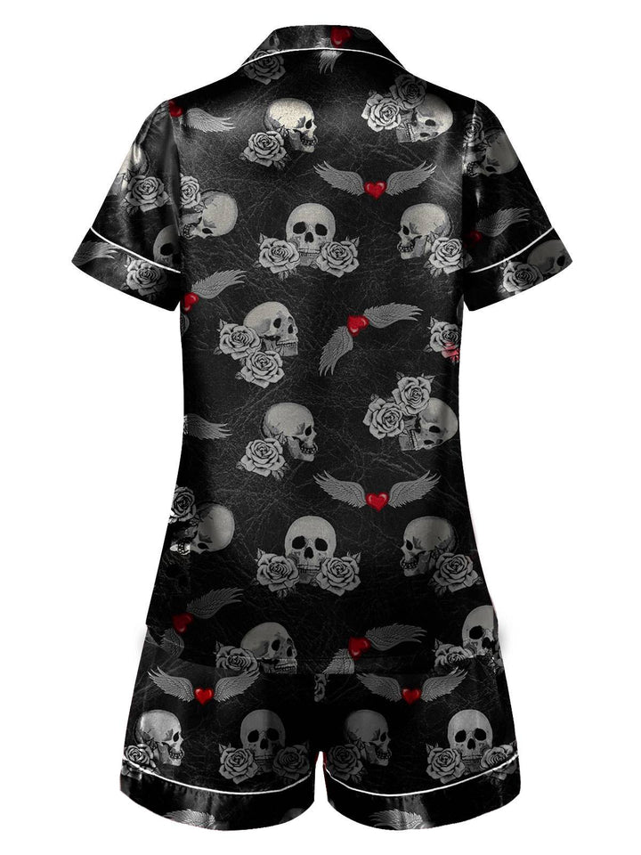 Black 1970s Rose Skull Lapel Pajamas: timeless 1970s elegance she makes her own